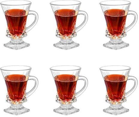 binsakao Turkish Tea Cups Set of 6 - Glass Tea Cups with Handle - 130 ml Small Clear Footed Coffee Mugs for Tea, Espresso Coffee, Hot Chocolate, Dishwasher Safe