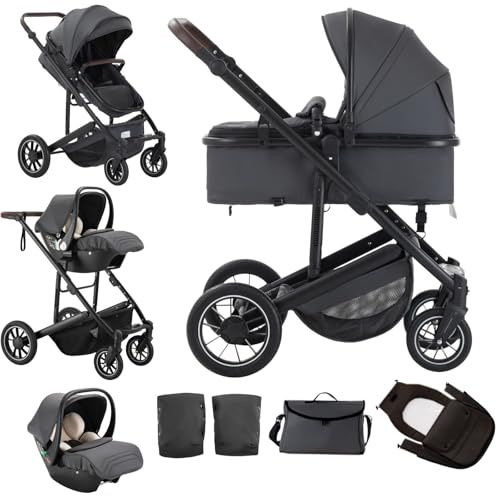 Lnhcrbs 3 in 1 Pushchair, Travel System,Grey-Pushchair and Pram, 22Kg | Compact Stroller with Mosquito Net Rain Cover, with Adjustable Handle, Lightweight Stroller with Frame Made of Aluminium