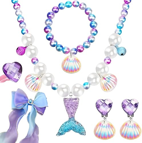 Snyvpra Schmuckset Mädchen, Meerjungfrau Schmuckset für Prinzessinnen Party, 6-teiliges Set mit Halskette, Armband, Ring, Ohrringen und Band, Schmuck Set Einhorn für Party Dress Up Geschenk