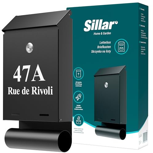 Sillar Buzón de Pared, con Cerradura | Personalizado con Nombre Calle y número de casa | Acero galvanizado, Resistente a Las inclemencias del Tiempo y UV | 32,3 × 18,5 × 5 cm, Negro | 2 Llaves