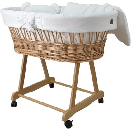 Wiklinopol Cestino Moses Amelia – Culla in vimini naturale con struttura e materasso – Set biancheria in mussola bianca – Cestino portatile ideale per neonati