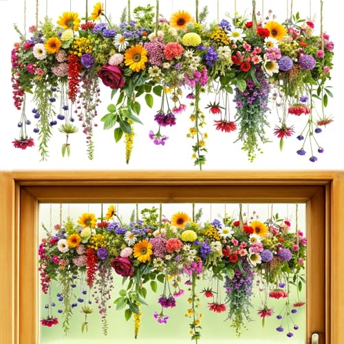 Flower Hanging Window Stickers Static Cling Window Film, Stain Glass Spring/Summer Window Film Self Adhesive for Glass Wall Bird Anti-Collision, Vivid Flowers Removable Residue-Free Double-Side