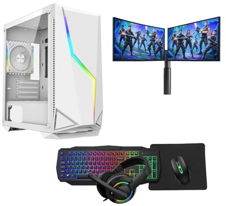 Gaming PC Set – Intel Core i7, GT710 2GB Graphics, 16GB RAM, 128GB SSD + 1TB HDD, Windows 11 Pro, Dual 22 Monitors, Keyboard, Mouse, Headset – Gaming PC Bundle (Galaxy White)