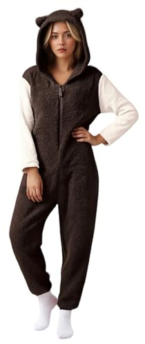 Combinaison pyjama pour femmes en polaire d'ourson - Ensemble en une pièce - Pyjama de nuit - Long - Doux et pelucheux - Chaud et douillet - Avec capuche et oreilles d'ours - Vêtement de nuit, marron