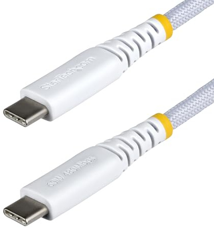 StarTech. com 30 cm USB C-laddningskabel, vit, 60 W (3A) PD, flätad nylon/TPE, dubbelskikt, robust USB-laddningskabel