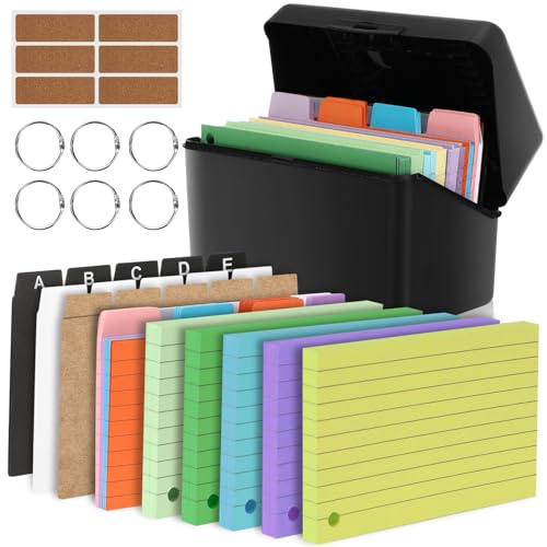 Staranry Scatola per Flashcards Nera con 350 Cartoncini Colorati A6, Schede Forate a Righe, 6 Anelli Metallici e Schede Indice A-E, Ideale per Appunti per Ufficio, Scuola, Casa Studio Appunti