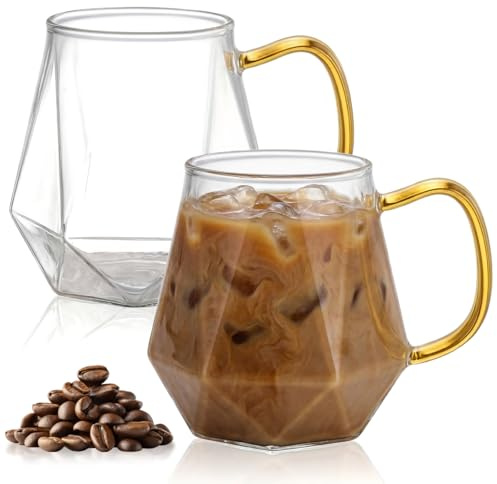 ASOUUNLD 2 Tazze Caffè Vetro con Manico 350ml, Tazze da Te Vetro Trasparente, Bicchiere in Vetro con Manico per Succo, Espresso, Latte e Caffè, Design Diamante Moderno Ideali per Casa Ufficio e Regalo