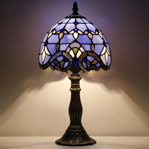 SYETL Small Tiffany Lamp Stained Glass Desk Lamp Vintage Tiffany Bedside Table Lamp for Home Living Room Bedroom Nightstand 8X15 Inch (Blue Baroque Style)
