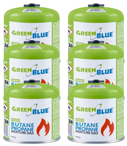 GreenBlue GB499 - Cartuccia di gas 500 g (propano/butano) EN417, filettatura 7-16, sistema di sicurezza Gas Stop riutilizzabile, per fornelli da campeggio, bruciatori da esterno (6 pezzi)