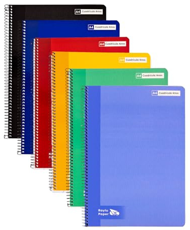 RAYLU PAPER - Pack 6 Cuadernos Tapa Dura con Espiral, 80 Hojas 70g, Cuadernos de Colores Vivos, Libretas para Escuela, Oficina, Apuntes y Estudio (Cuadriculado 4mm, A4)