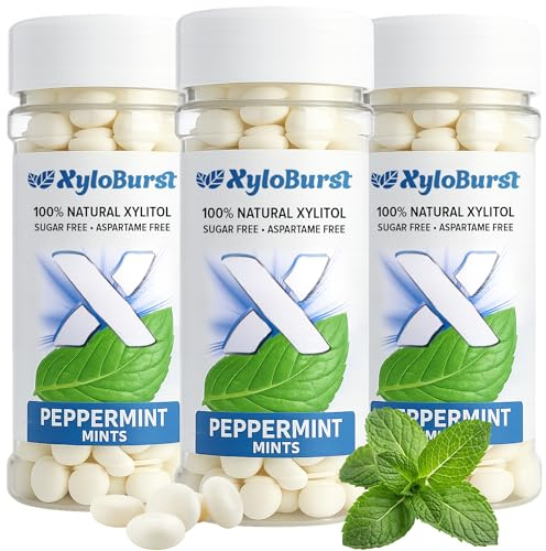 XyloBurst - Xylitol Mints | Sugar Free Breath Mints for Oral Health | Gluten Free, Vegan, Keto Friendly | Aspartame Free Mint | Peppermint | 200 Count Jar, 3-Pack