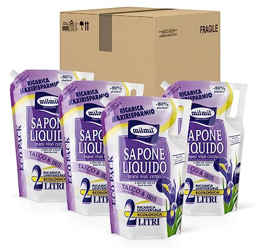 Milmil Sapone Liquido, Fragranza Talco & Iris, Ricarica Universale Maxirisparmio, Dermatologicamente Testato - 4 x 2000 ML