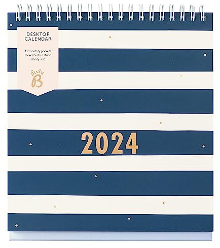 Busy B - Tischkalender von Januar bis Dezember 2024 - Marineblau Streifen Schreibtischplaner mit Steckfächern und integriertem Ständer. Perfekt für Büro- und Schreibtischorganisation, Klein