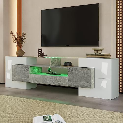 Merax Lowboard TV Board mit LED-Beleuchtung, Modernes Hochglanz TV-Schrank, Fernsehtisch mit 6 Türen, 2 Schublade und 3 Ablagefach, für Wohnzimmer, Esszimmer, 200 x 30 x 60,7 cm, Weiß & Grau