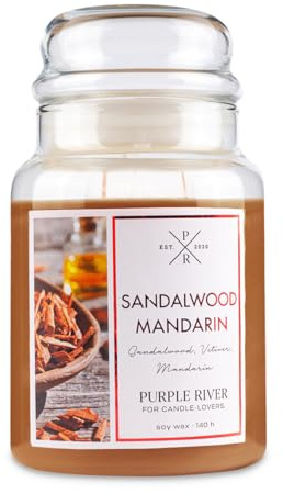 Purple River Große Duftkerze im Glas mit Deckel | Sandalwood Mandarin | Duftkerze Sandelholz | Kerzen lange Brenndauer | Sojawachskerze | Raumduft für Zuhause