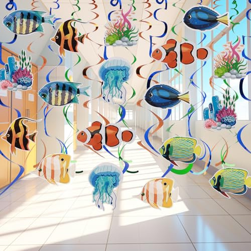 RAFIYU 48 Piezas Remolinos Colgantes de Peces Tropicales Decoraciones de Fiesta, Deco de Techo en Guirnaldas Serpentinas para Colgar de Vida Marina para Fiesta Temática del Océano Baby Shower