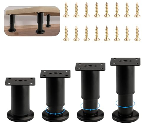 4 Pcs Adjustable Furniture Legs for Furniture Feet, 4.72- 7.08 Height Adjustable Feet, Black Stainless Steel Support Cabinet Legs for Sofa Coffee Table Chair Desk Kitchen Cupboard Legs Feet