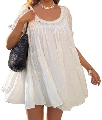 Women Puff Sleeve Babydoll Mini Dress Y2K Lace Trim Ruffle Flowy Dress