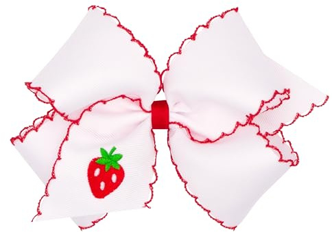 Wee Ones Girls’ Fruit Embroidered Moonstitch Edge Hair Bow, Medium or King, on WeeStay No-Slip Clip, King, Strawberry