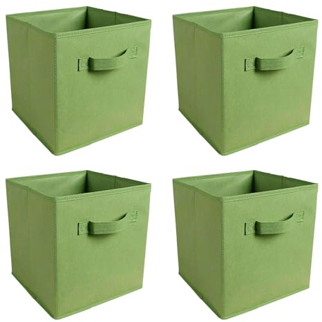 ZOONFA Set of 4 Foldable Cube Storage Boxes Collapsible Linen Fabric Clothing Shelf Basket Bins Toy Box Home Office Organizer (Green)