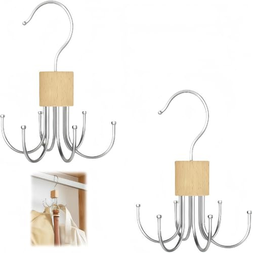 Belt Hanger For Closet，2 Pack 360° Rotating Wood Belt Hanger, Anti Slip Deep U Hooks, Small Closet Space Saver for Belts Ties Scarves Bags Hats,Multi functional belt storage cabinet