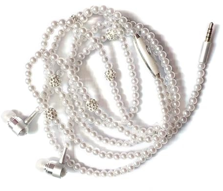 Dioche Auricolari con Collana di Perle e Microfono – Eleganti Cuffie Intrauricolari per Ragazze – Cuffie con Cavo da 3,5 Mm – Regalo per Donne (WHITE)