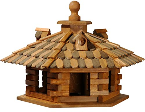 dobar® 45310e Vogelfutterhaus Holzschindeldach 6-eckig - Vogelhaus aus Massivholz - XL Vogelfutterstation mit Futtersilo - 6-eckige Vogelvilla - 68 x 59 x 46 cm - Braun