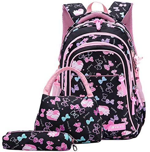 IvyH Sac a dos fille, Cartable Enfant Primaire Sets de Sac d'école 3 en 1 Sacs à dos loisir Idéal pour l'École/le Voyage/la randonnée(Noir)