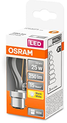 OSRAM LED Star Classic P25, filamento chiaro a forma di goccia, base B22d, bianco caldo (2700K), sostituzione di lampadine convenzionali da 25W, confezione da 1