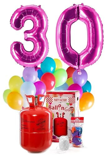 PARTY FACTORY Helium Geburtstags-Komplettset 30 - mit XXL Zahlenballons, 0,4m³ Ballongas, Ballonschnur & 30 bunten Latexballons - für Geburtstag, Jubiläum, Jahrestag in verschiedenen Farben (Pink)