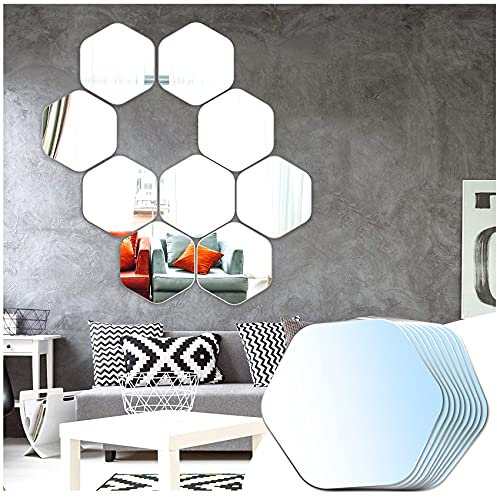 Sqinor Self Adhesive Mirror Tiles Wall Mirrors Glass Hexagon Stick On Wall Decoration for Living Room Bedroom Hallway (Fine Grinding, Hexagon, 9pcs)