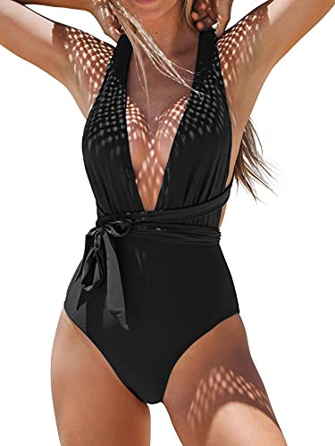 CUPSHE Damen Badeanzug Tiefer V Ausschnitt Monokini Selbstbindung Einfarbig Einteilige Bademode Swimsuit Schwarz M