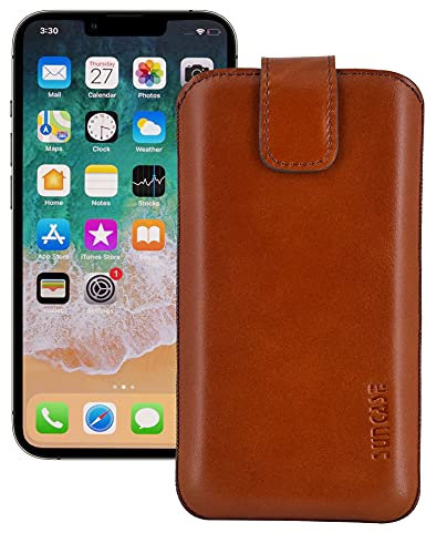 Suncase Äkta läderväska kompatibel med iPhone 13 (6,1 tum) med ytterligare transparent fodral | skal | silikon stötfångare mobilväska (med puller funktion och magnetlås) i Mocca brun
