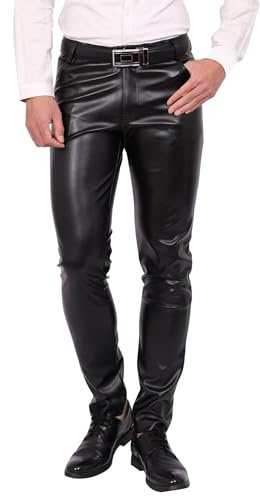 FEOYA Men's Slim Fit Leather Trousers Stretch Elastic Faux PU Pencil Pants Wet Look Straight Leg Trousers for Motocycle Biker Dance Bar Nightclub Stage Show Cosplay Mid Waist Summer Spring Black 32