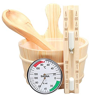Sauna Bucket Set, 4-Piece Sauna Accessory Set, Sauna Bucket with Ladle Made of High-Quality Pine Wood, 4 Litre Sauna Bucket with Plastic Insert, Hourglass and Thermometer/Hygrometer, Sauna Bucket Set