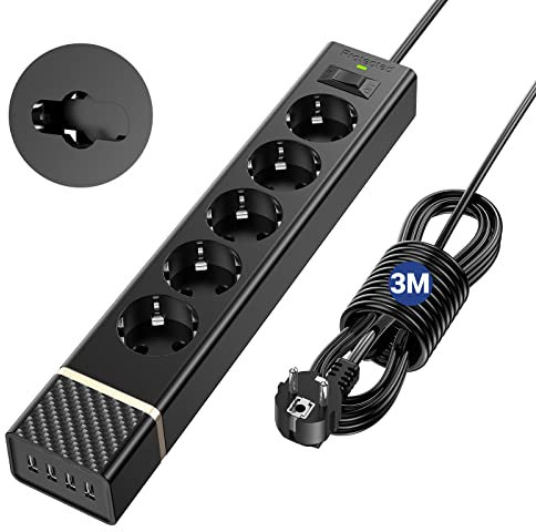 Multiprise Parafoudre avec 5 Prises et 4 USB, Multiprise Electrique 3M Câble, Prise Multiple avec Interrupteur, Bloc Multiprise pour Smartphone, Maison, Bureau (Noir) 2400W/10A, 1700J
