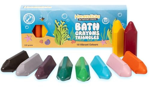 Crayones de baño Triangulares Honeysticks para niños pequeños y niños (Paquete de 10) - Cera de Abejas Natural para diversión en la bañera no tóxica - Forma Triangular - Lavable