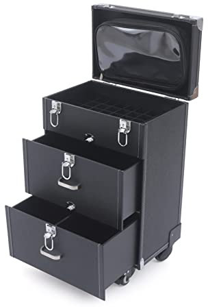 Kosmetikkoffer Trolley,Make up Koffer mit Rollen,Schminkkoffer 3 Schubladen für Nagellack Organizer,Schmuck Reise Kosmetik Zug Koffer - Abschließbar - 36×23×49cm (Schwarz)