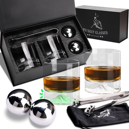 Gifts for Men Him Husband - Whiskey Stones Gift Set - Whiskey Glass Set of 2 - Gift for Birthday Wedding for Boyfriend Fiance, Cool Burbon Scotch Set Gifts