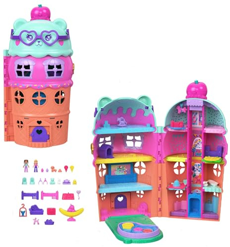 Polly Pocket Mikropuppen & Großes Gelateria-Haus Spielset, Eiscreme-Bären-Thema mit über 25 Zubehörteilen, inklusive Möbel, Essen und Tieren, JKB89