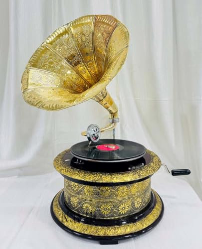 Réplica de gramófono de aspecto antiguo, base de madera con tallas florales, altavoz de cuerno dorado (38 x 38 x 68 cm)