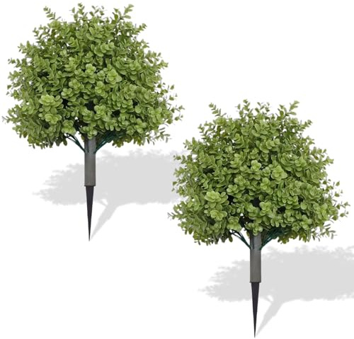 2 Set Artificial Boxwood Ball Trees with Ground Spike,60CM Faux Boxwood Plant Artificial Bushes for Indoor Outdoor Room Porch Garden Backyard Decor