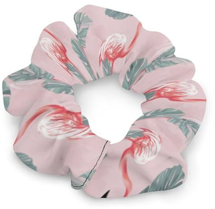 Summer Flamingo Palm Leaves Hair Scrunchies for Women No Damage, Soft Elastic Hair Ties with Fashionable Printed Patterns, Satin Scrunchy Hairbands for Ponytail, Bun, Workout & Sleep