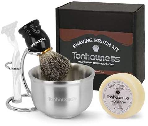 Shaving Brushes Kit For Men, 4 In 1 Shaving Brush Set Includes Badger Hair Shave Brush, Stainless Steel Shaving Bowl, Shaving Stand and Soap