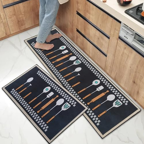 OPLERT Lot de 2 Tapis de Cuisine antidérapants et lavables, Absorbant l'eau et l'huile, Tapis de Sol lavables, pour Salle à Manger, Cuisine, Couloir,Gris,40x60+40x120cm