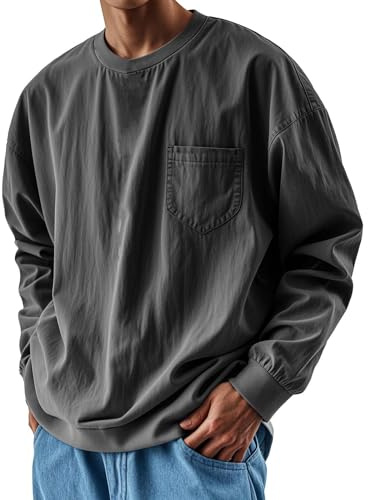Camiseta larga para hombre 5XL suéter para hombre sin capucha negro, camiseta de gran tamaño con bolsillos monocolor casual manga larga parte superior ligera fina sudadera suelta sudadera tallas