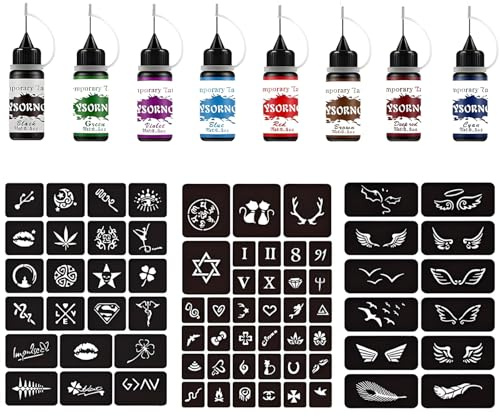 Lot de 11 tatouages au henné, contient 8 pigments et 3 pochoirs à motifs pour le bricolage, le maquillage de fête et les festivals, facile à utiliser et durable