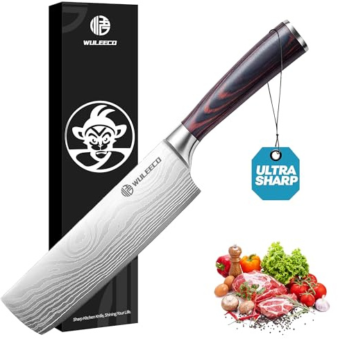 WULEECO Nakiri Knife 7, High Carbon Stainless Steel Chef Knife, Ultra Sharp Cleaver Knife, Multipurpose Meat Vegetable Sharp Kitchen Knife with Ergonomic Pakkawood Handle, Gift Box Included
