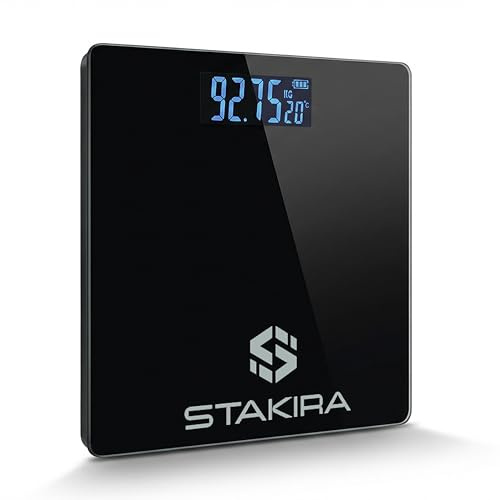Bilancia Pesapersone Digitale STAKIRA – Fino a 180 kg – Alta Precisione 0.1 kg – USB Ricaricabile – Display LCD – Vetro Temperato Nero – Temperatura Integrata – Design Compatto 26x26 cm
