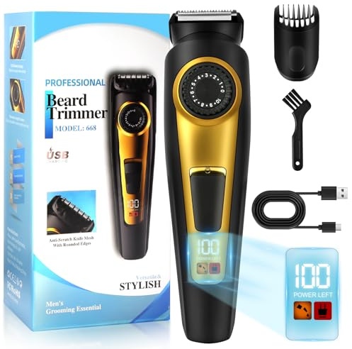 OSDUE Regolabarba Uomo,Selettore Di Precisione 1-10mm Con 10 Lughezze E Schermo LED Blocco Pettini Regolatori Senza Fili Portatile Tagliacapelli Uomo per Viso Testa Corpo 360 Face,Nero oro